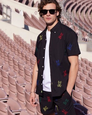 Camisas Casuales Psycho Bunny Ligon All Over Embroidered Bunny Short Sleeve Shirt Hombre Negros | NV5623978