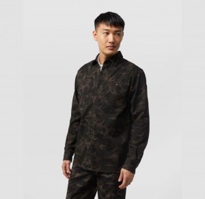Camisas Psycho Bunny Hester Camo Twill Ls Overshirt Hombre Verde Oliva Oscuro | XM0694512