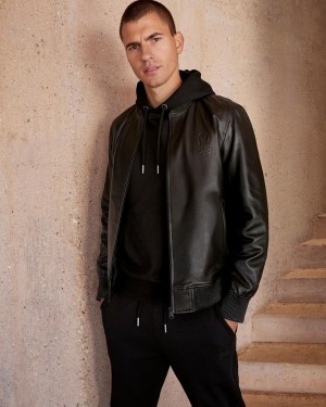 Chamarras Psycho Bunny Outline Lined Leather Bomber Jacket Hombre Negros | YC3521906
