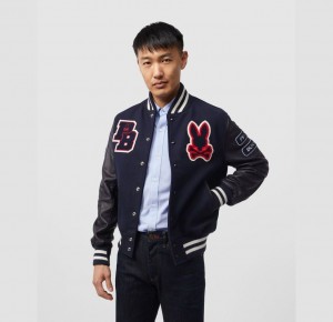 Chamarras Psycho Bunny Pb X Golden Bear Varsity Leather Embroidered Jacket Hombre Azul Marino | IM5109473