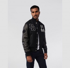 Chamarras Psycho Bunny Pb X Golden Bear Varsity Leather Embroidered Jacket Hombre Negros | XW2183064