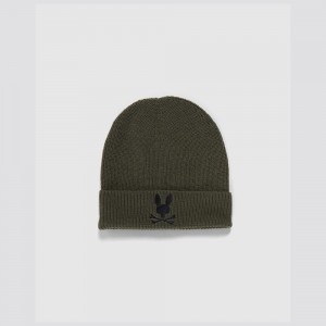 Hats And Caps Psycho Bunny Allen Wool Beanie Hat Hombre Verde Oliva Oscuro | ZI9107825