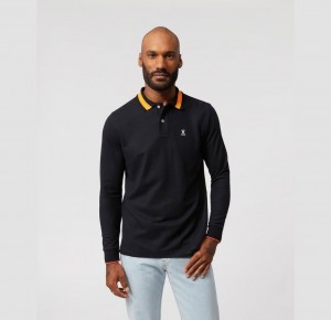 Polos Psycho Bunny Estacada Collar Stripe Long Sleeve Polo Hombre Negros | IS1987254