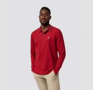 Polos Psycho Bunny Estacada Collar Stripe Long Sleeve Polo Hombre Rojos | PK7053684