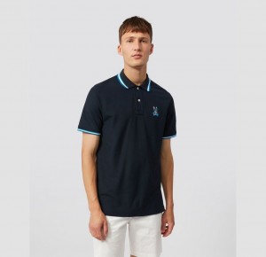 Polos Psycho Bunny Hilsboro Short Sleeve Collar Stripe Polo Shirt Hombre Azul Marino | KD5203187