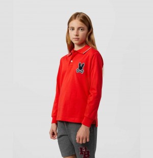 Polos Psycho Bunny Patchin Chenille Logo Long Sleeve Polo Niños Rojos | IC6189540
