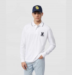 Polos Psycho Bunny Patchin Jersey Chenille Bunny Logo Long Sleeve Polo Hombre Blancos | DW4853276