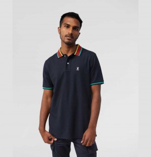Polos Psycho Bunny York Stripe Collar Polo Hombre Azul Marino | IB5147038