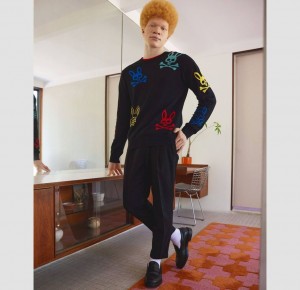 Suéteres Psycho Bunny Lacomb All Over Bunny Sweater Hombre Negros | QB6704851