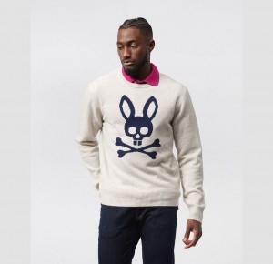 Suéteres Psycho Bunny Vandam Big Bunny Merino Wool Sweater Hombre 102 Alabaster | NM4893567