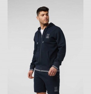 Sweatshirts And Hoodies Psycho Bunny Larkin Full Zip Pique Hoodie Hombre Azul Marino | BX3450826