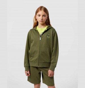 Sweatshirts And Hoodies Psycho Bunny Waverly Bunny Logo Zip Hoodie Niños Verde Oliva Oscuro | XY9387154