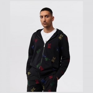 Sweatshirts & Hoodies Psycho Bunny Ligon Embroidered Zip Hoodie Hombre Negros | OD7512864
