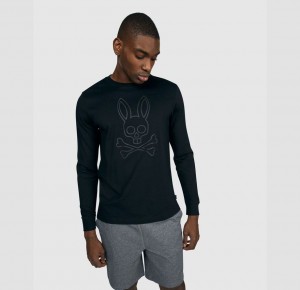 Tees Psycho Bunny Owen Bunny Long Sleeve T Shirt Hombre Negros | FK7651042